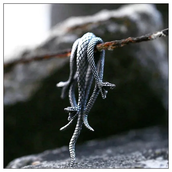 Triple Headed Serpent Snake Pendant Necklace Unisex - Picture 3 of 5